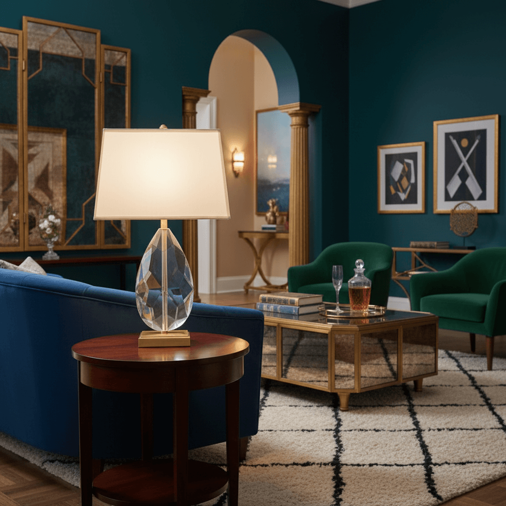 Living room with a lamp on a table, green sofa, and decorative elements.