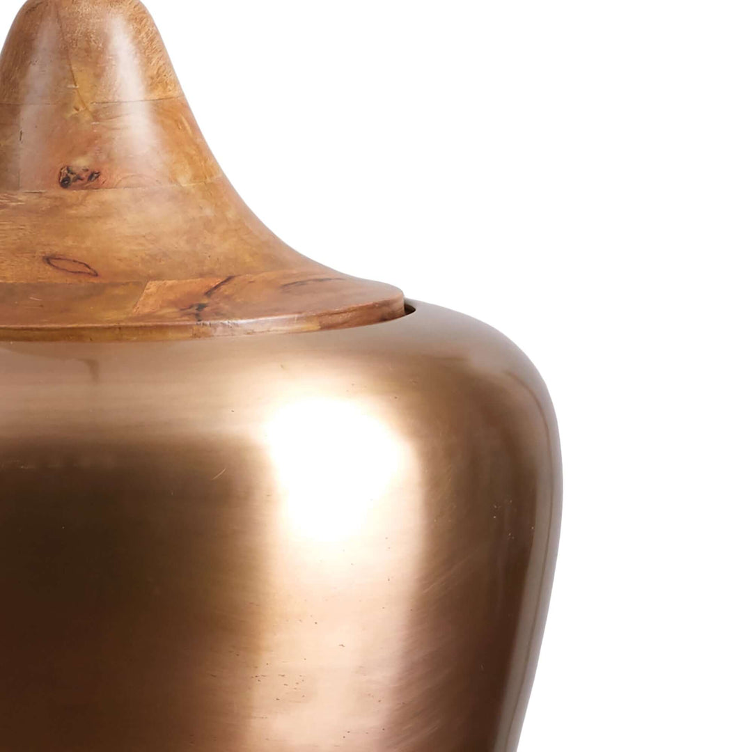 Close-up of a farmhouse pendant light with a satin brass shade and wooden top, exuding elegant, warm, and nostalgic charm.