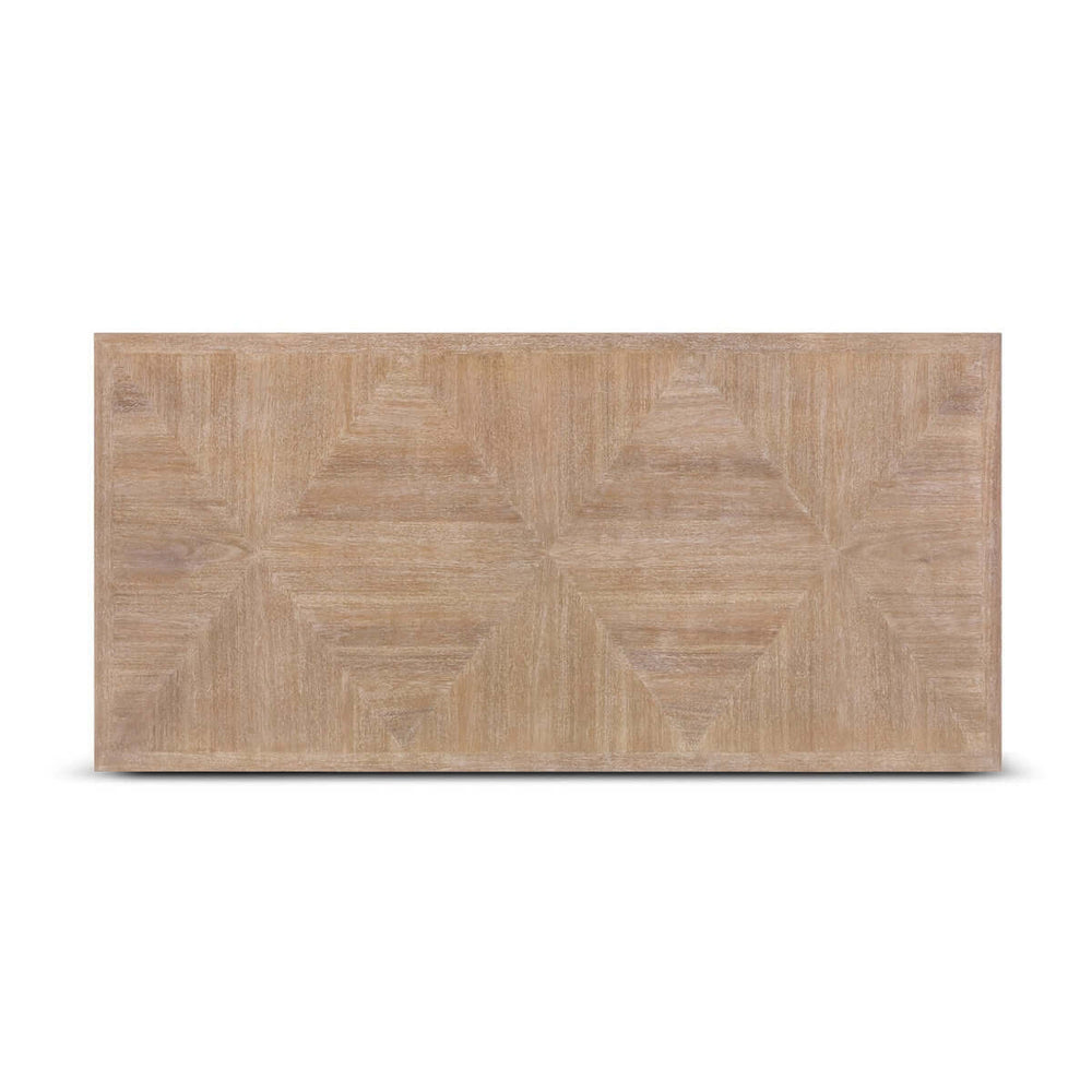 Richly grained farmhouse dining table top with subtle parquet pattern, perfect for countryside gatherings.