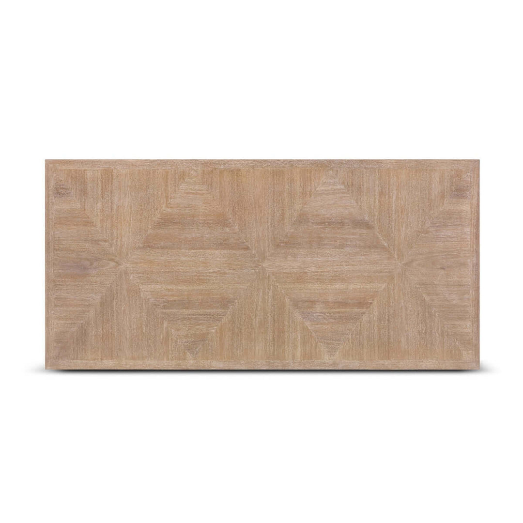 Richly grained farmhouse dining table top with subtle parquet pattern, perfect for countryside gatherings.