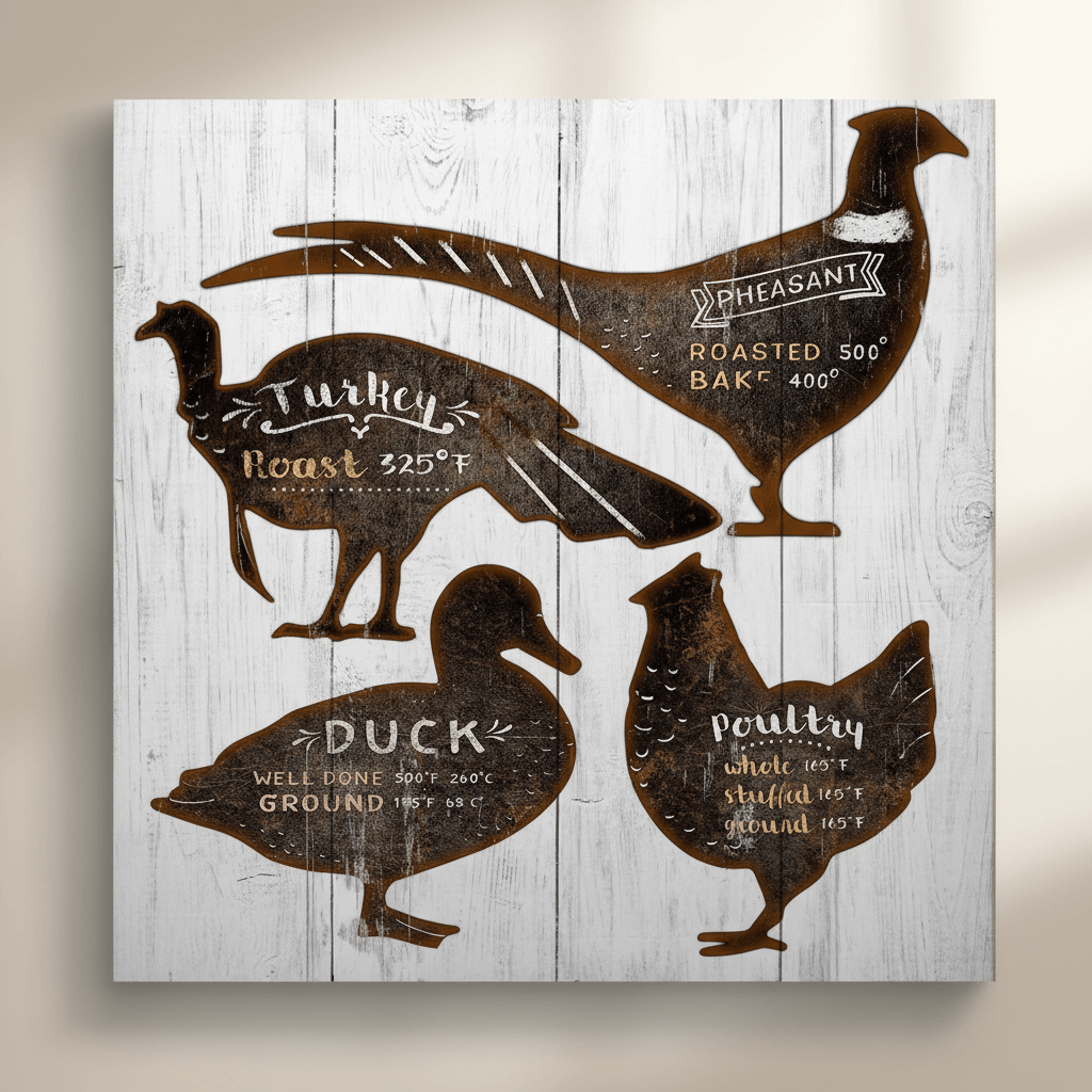 Farmhouse Kitchen Cooking Fowl Wall Art with rustic bird silhouettes and cooking guides on wood.