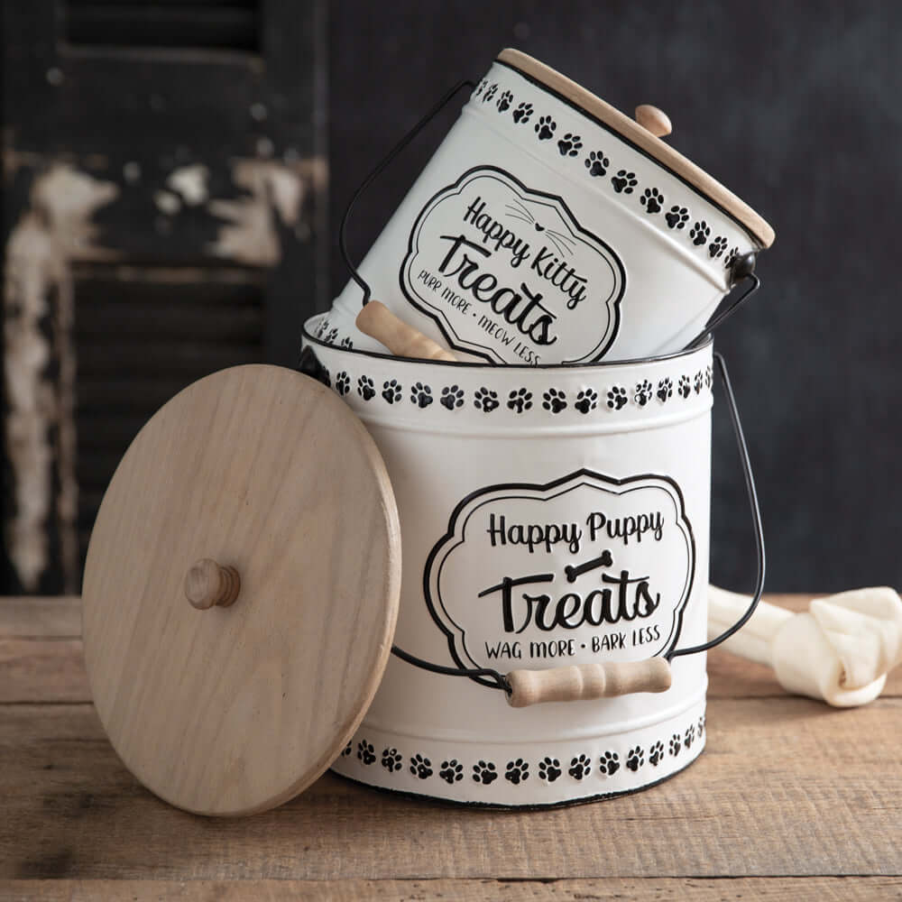 Farmhouse Pet Treat Canisters (Set of 2) with wooden lids and paw print design, featuring 'Happy Puppy Treats' label.