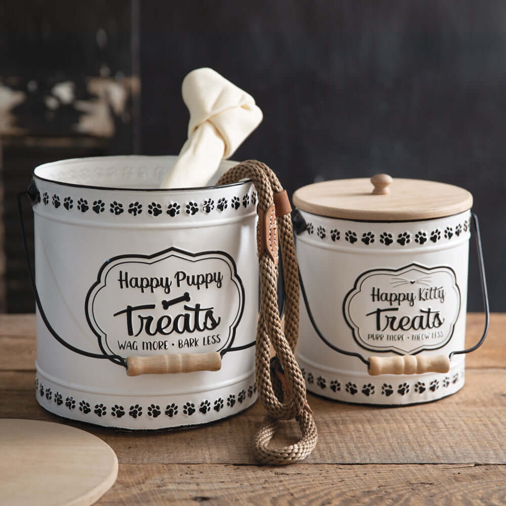 Farmhouse Pet Treat Canisters (Set of 2) with wooden lids and vintage design, featuring paw prints and playful text for dog and cat treats.