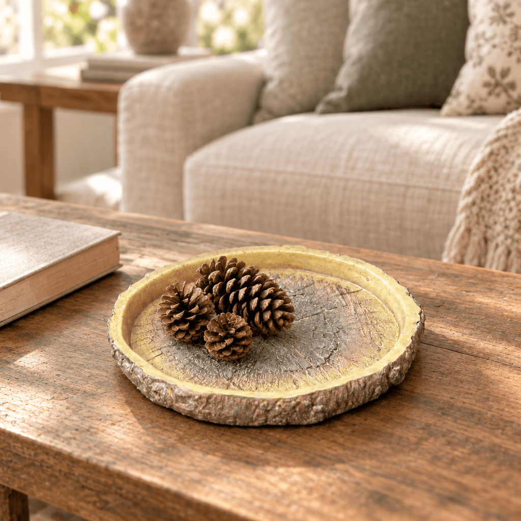 Faux bois cement dish styled with dried pinecones on an indoor coffee table