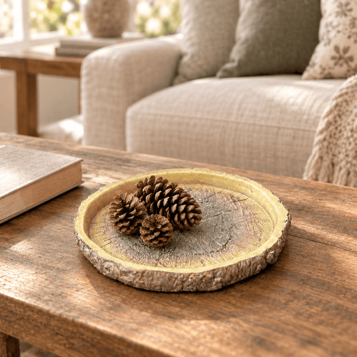 Faux bois cement dish styled with dried pinecones on an indoor coffee table