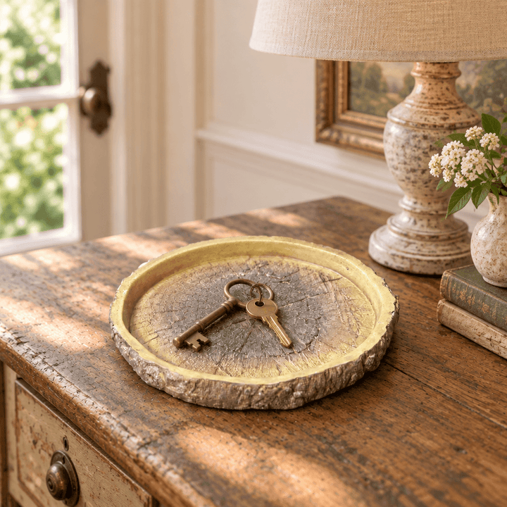 Faux bois cement dish holding keys on a wooden entryway console