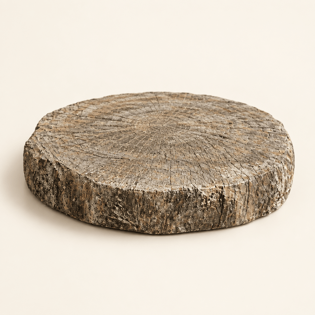 Round faux bois cement display riser on an ivory studio background