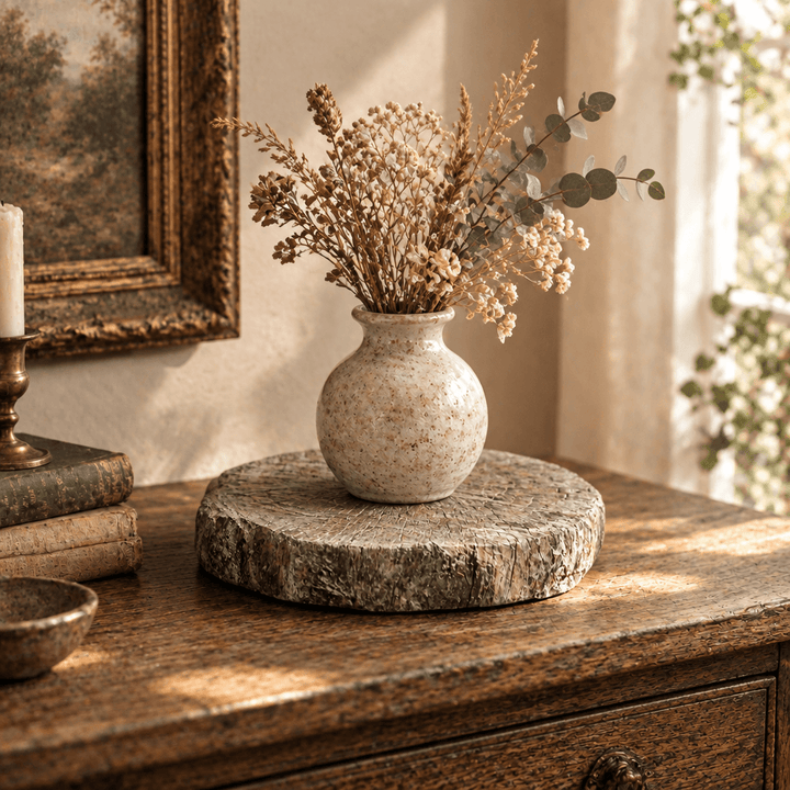 Faux bois cement display riser styled with a small vase on a wooden console