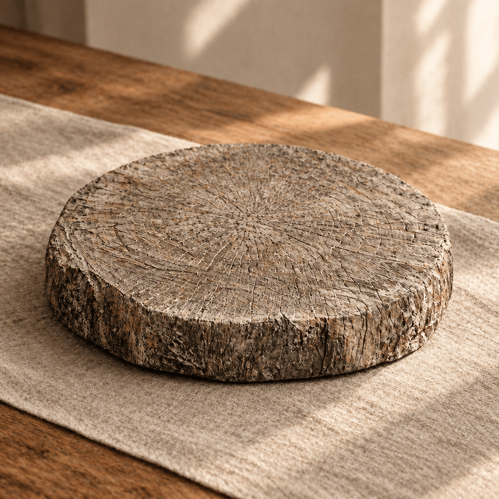Woodgrain surface and bark-inspired edge of a round cement display riser