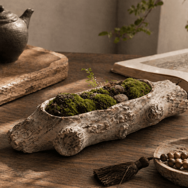 Pale cement log planter with moss on a wood table beside a book