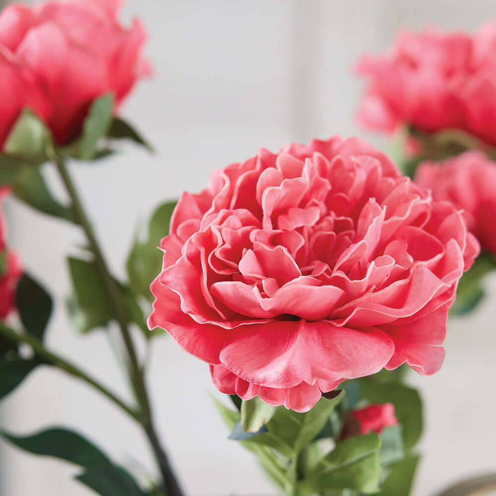 Faux pink peony flowers, perfect for cottagecore and romantic décor, showcasing lifelike texture and vibrant color.