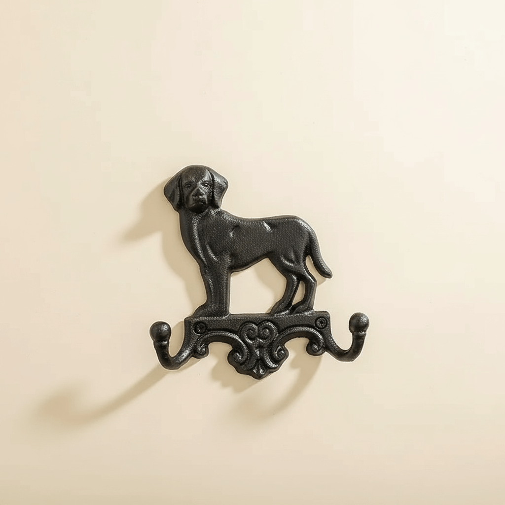 Black cast iron dog-shaped wall hook on a beige background