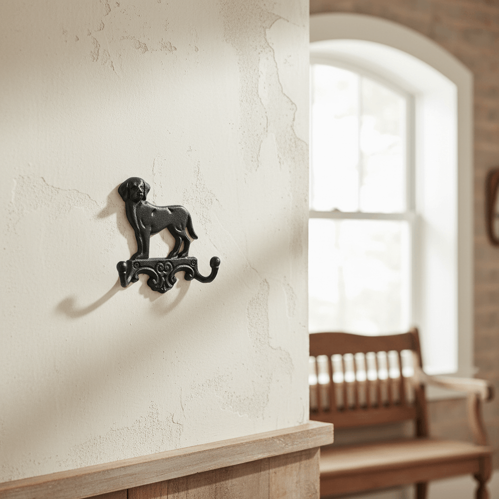 Decorative black dog wall hook on a textured wall with a blurred background