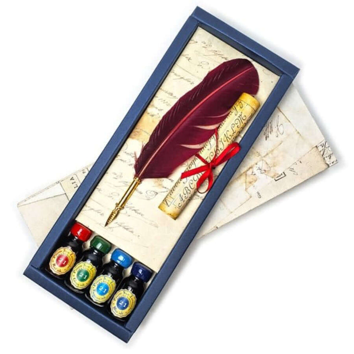 Feather Quill Pen & Ink Calligraphy Set with 4 Inks and Scroll displayed in elegant packaging.