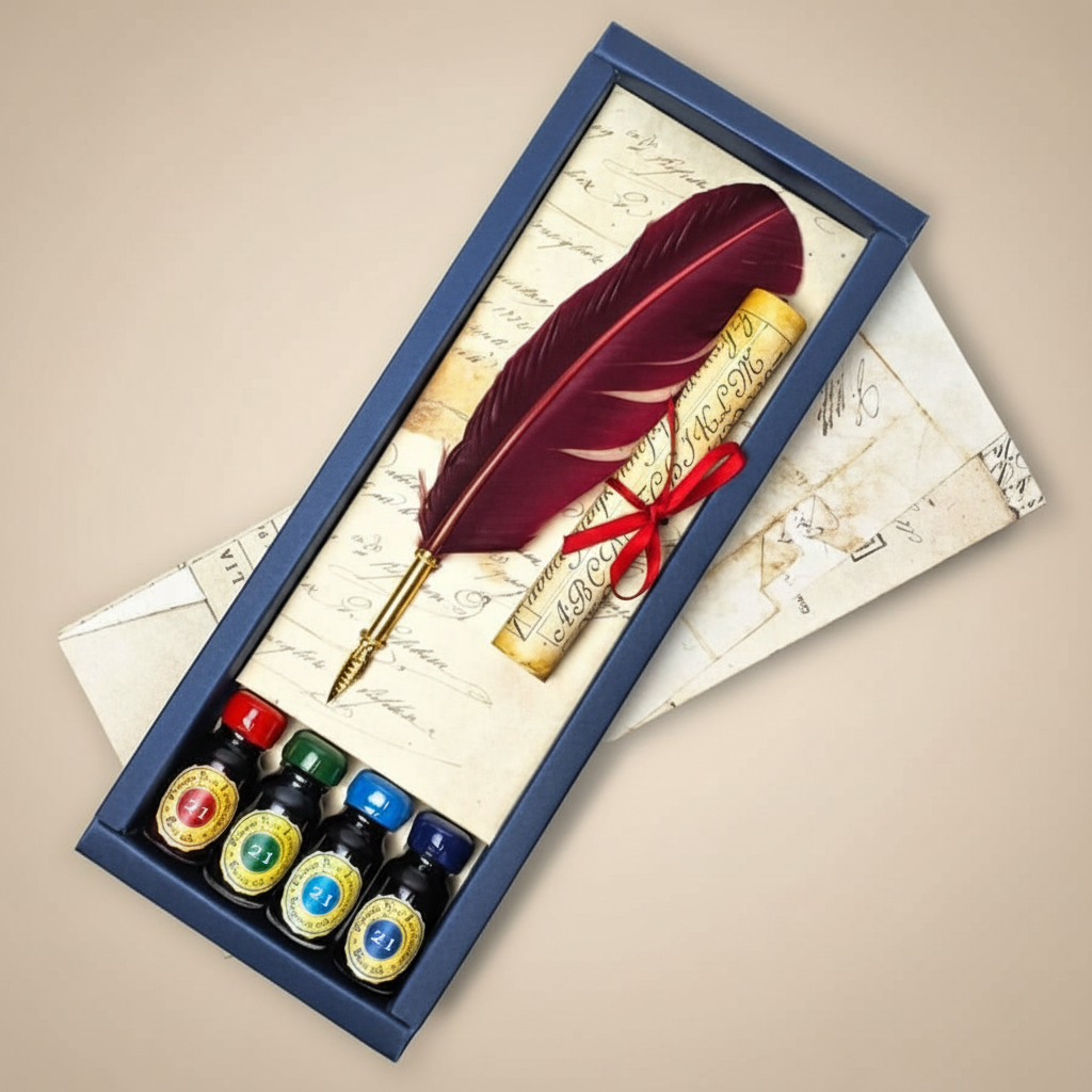 Set of ink bottles with a feather quill and scroll in a decorative box on a beige background