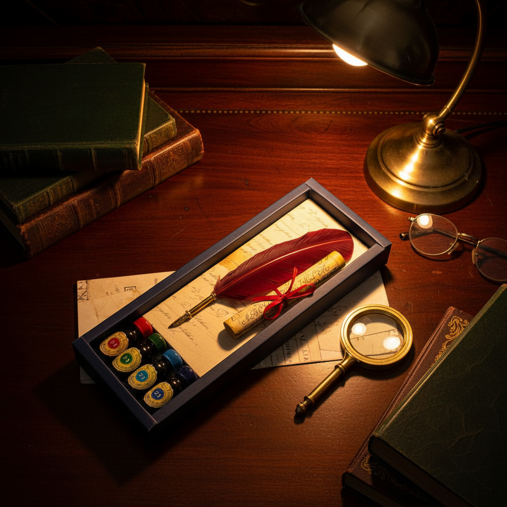 Vintage desk setup with quill pen, ink bottles, and magnifying glass on a wooden surface.