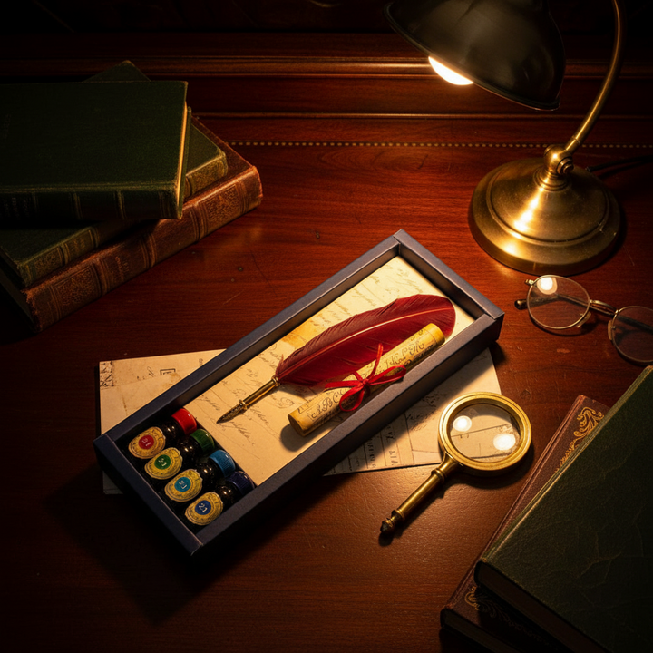 Vintage desk setup with quill pen, ink bottles, and magnifying glass on a wooden surface.
