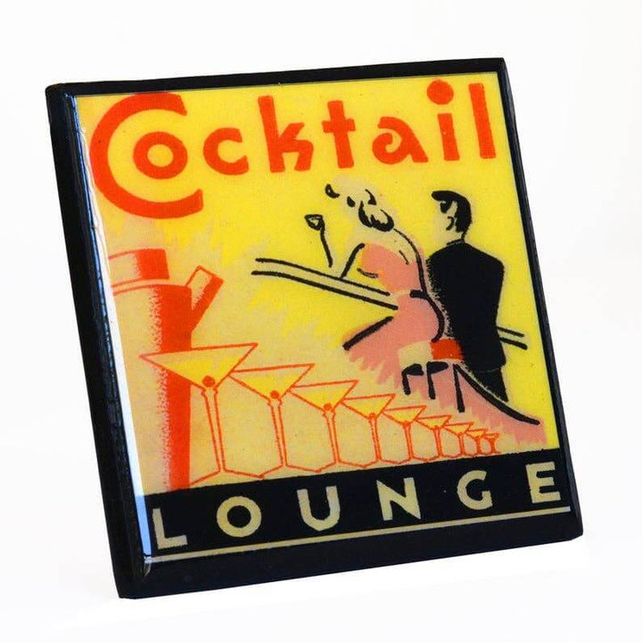 Decorative coaster with 'Cocktail Lounge' text and cocktail-themed graphics on a yellow background.