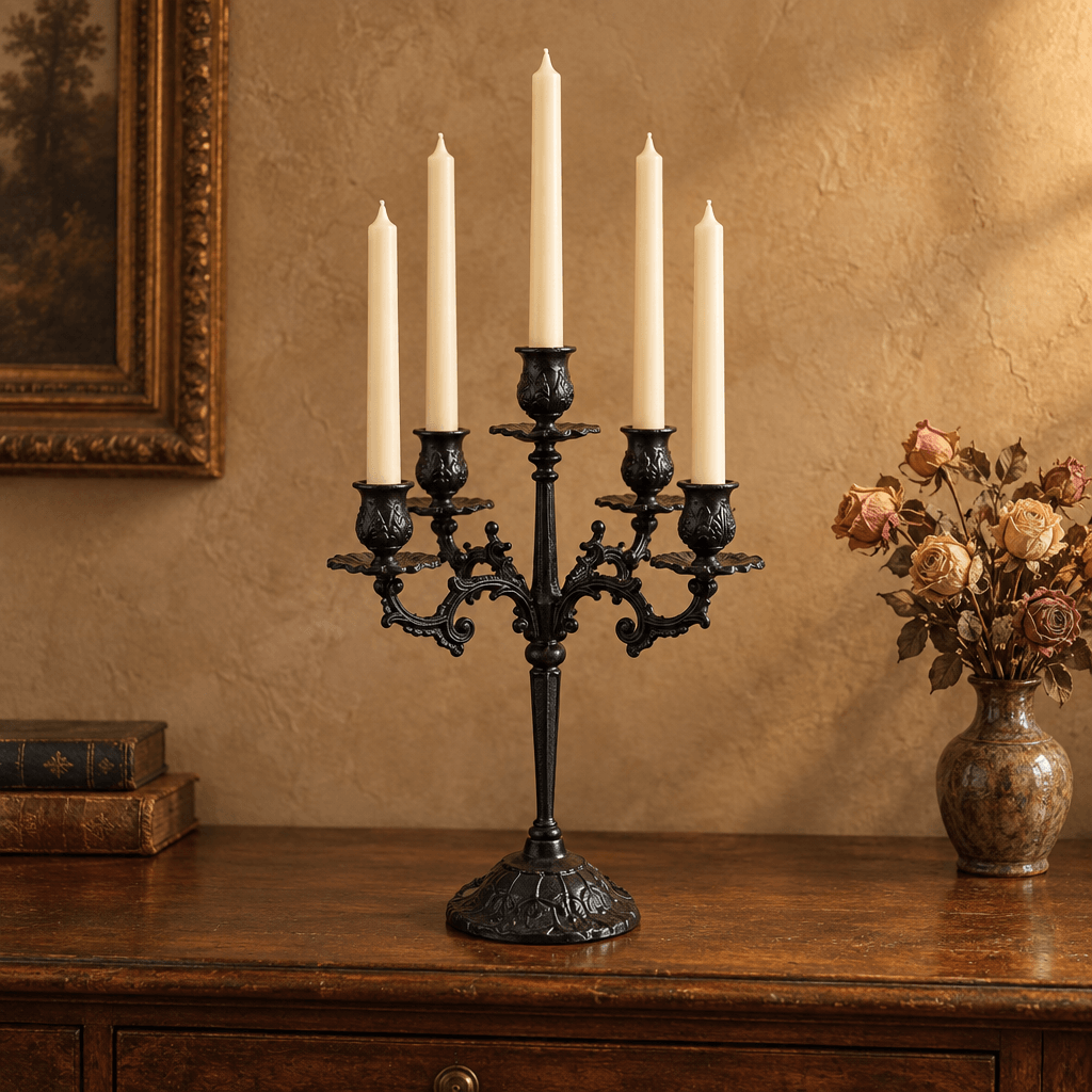 Ornate cast iron candelabra styled with ivory taper candles and dried roses on a vintage sideboard