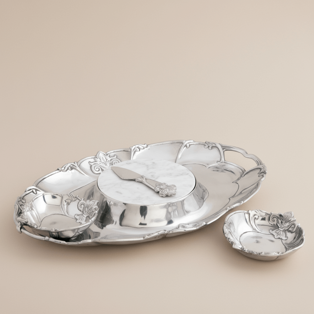 Fleur-De-Lis 5 Piece Serving Tray Set by Arthur Court in hand-cast aluminum with elegant fleur-de-lis motif
