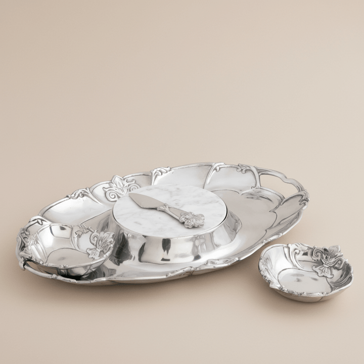 Fleur-De-Lis 5 Piece Serving Tray Set by Arthur Court in hand-cast aluminum with elegant fleur-de-lis motif