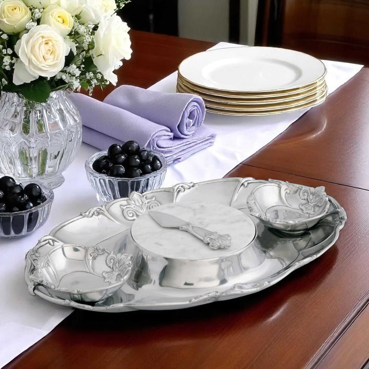Elegant Fleur-De-Lis 5 Piece Serving Tray Set on dining table with flowers and plates