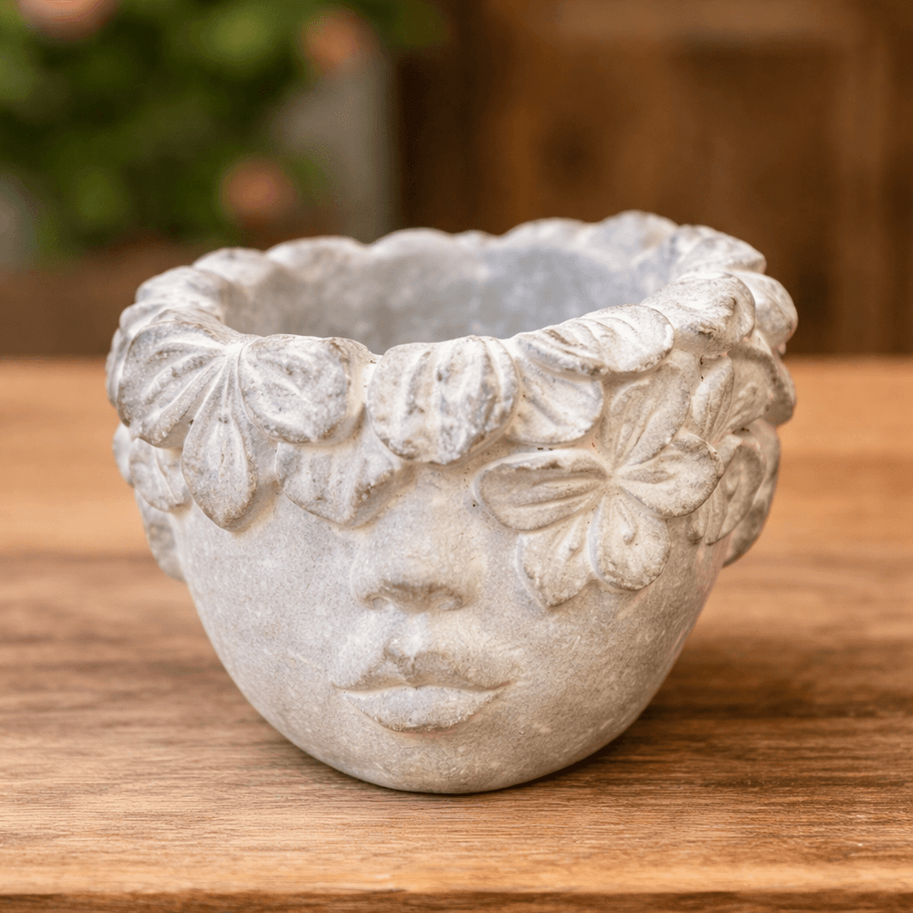 Low rounded concrete face planter with raised flowers across one eye