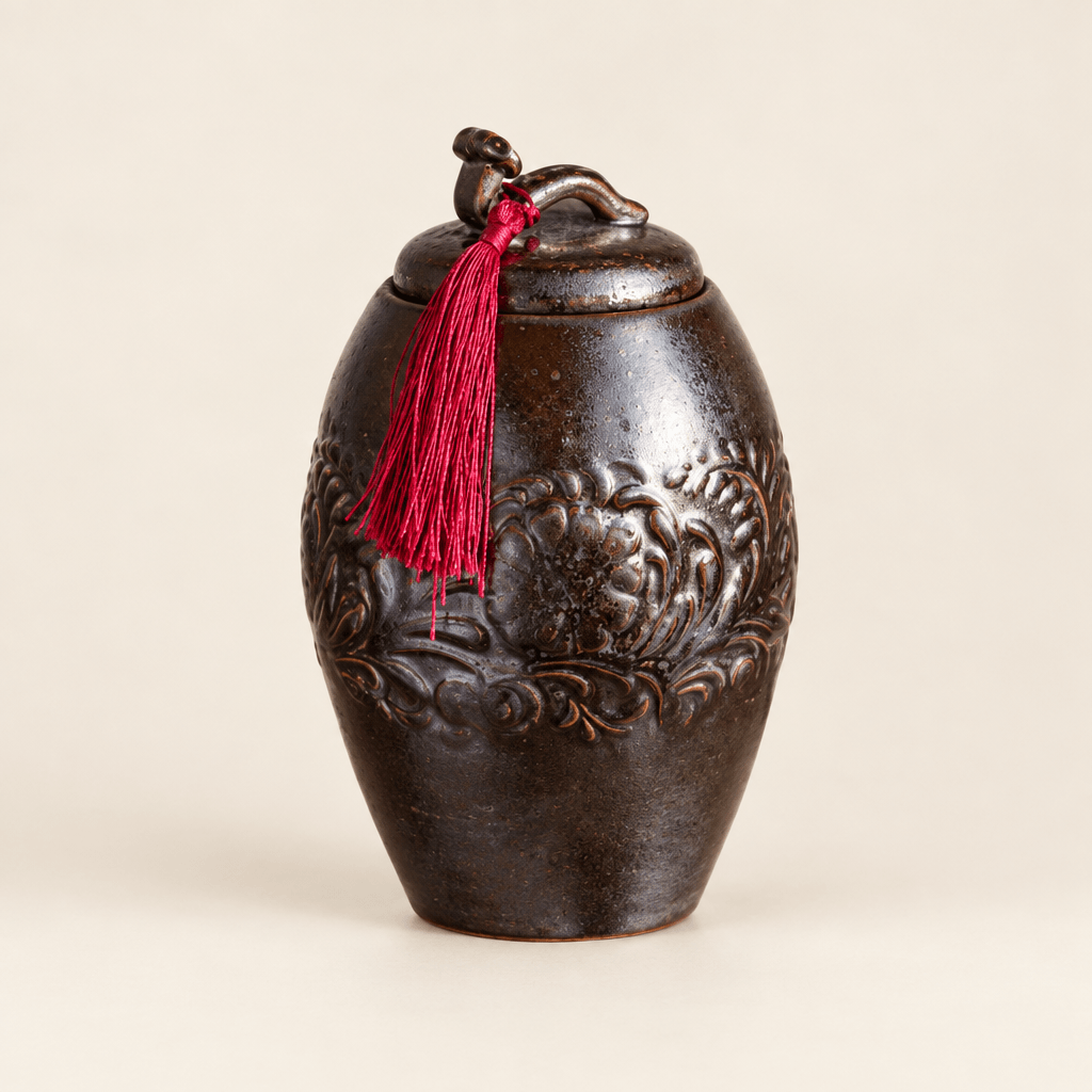 Dark brown floral relief ceramic jar with lid and red tassel on an ivory studio background.