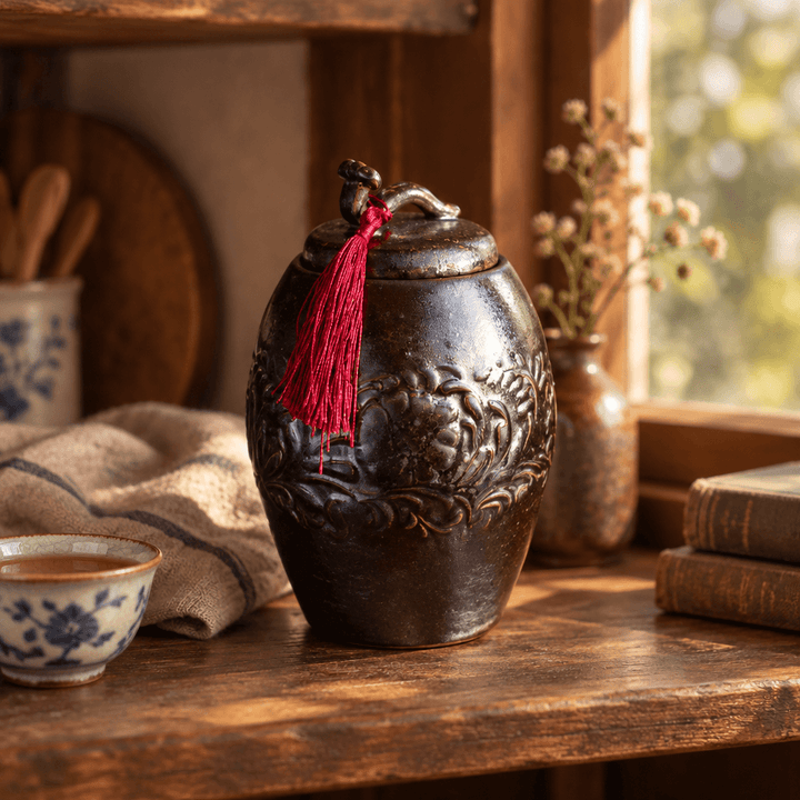 Dark brown ceramic storage jar with floral relief and red tassel styled on a vintage kitchen shelf.
