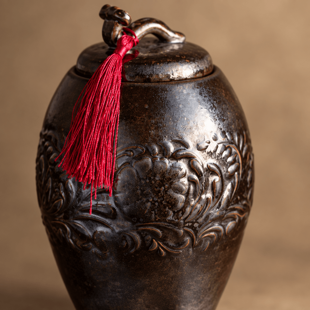 Close-up of the dark brown glaze and raised floral decoration on a ceramic storage jar.