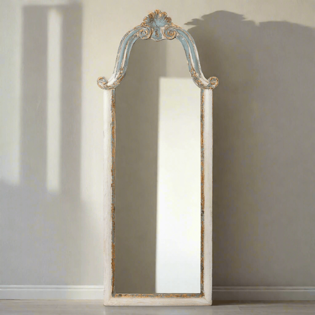French Country carved wood floor mirror with distressed finish and ornate scrollwork, 70-inch tall standing mirror.