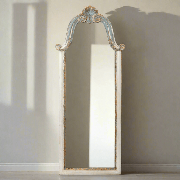 French Country carved wood floor mirror with distressed finish and ornate scrollwork, 70-inch tall standing mirror.
