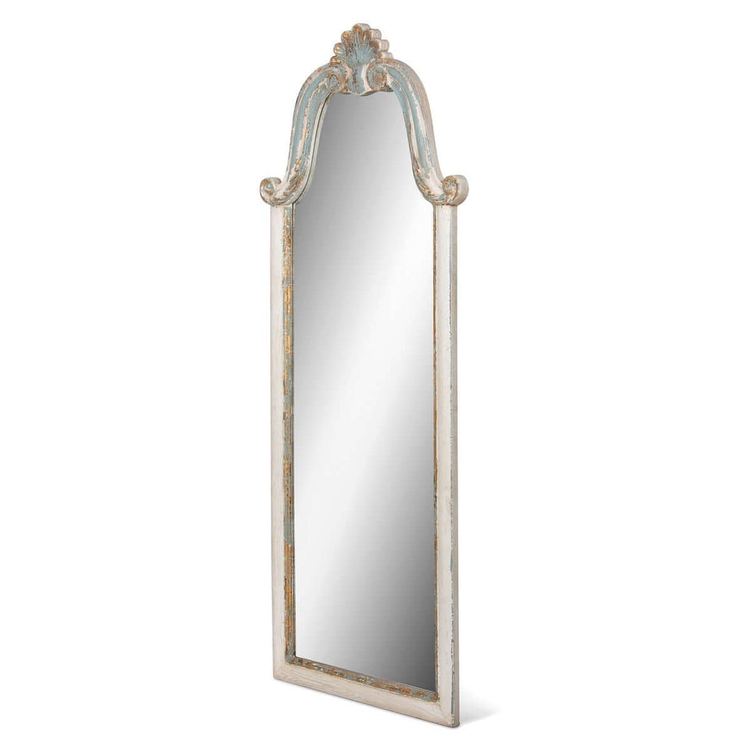 French Country carved wood floor mirror with ornate scrollwork in distressed white and blue finish, 70 inches tall.