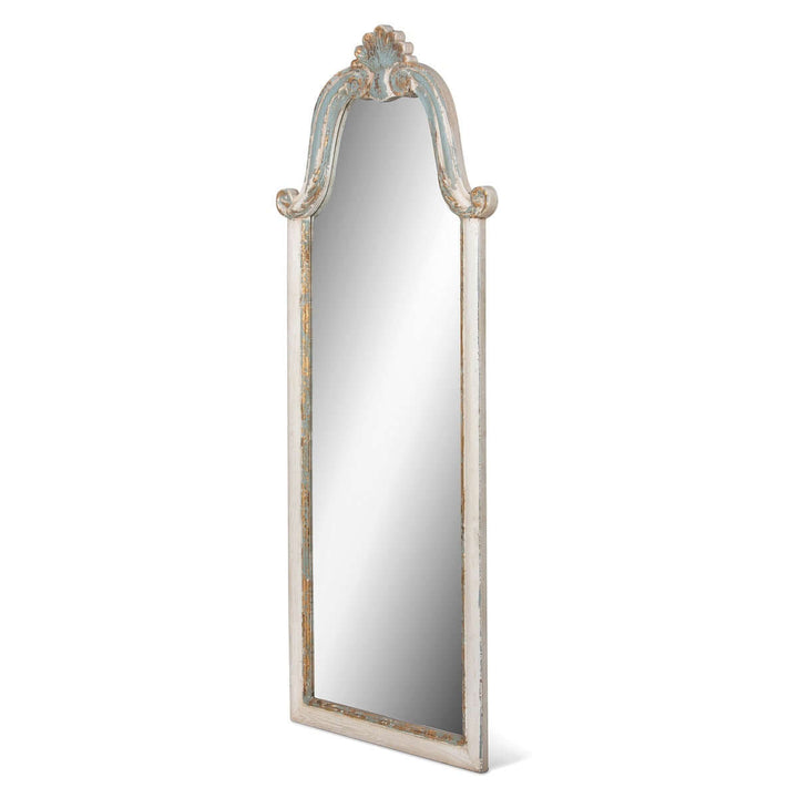 French Country carved wood floor mirror with ornate scrollwork in distressed white and blue finish, 70 inches tall.