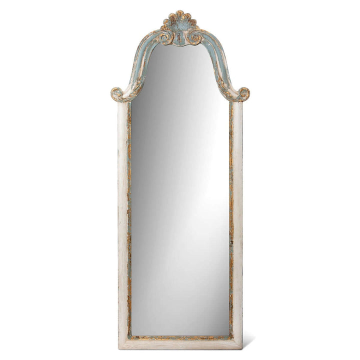 French country carved wood floor mirror with hand-carved scrollwork, distressed white and blue finish, 70 inches tall