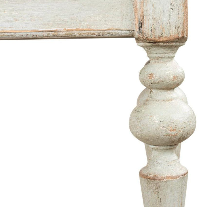 Close-up of French Country Farmhouse Console Table leg with rustic, handcrafted details and a classic elegant finish.