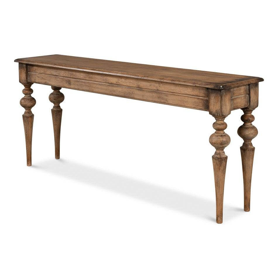 Rustic French Country Farmhouse Console Table with elegant carved legs, capturing timeless rustic elegance and European-inspired design.