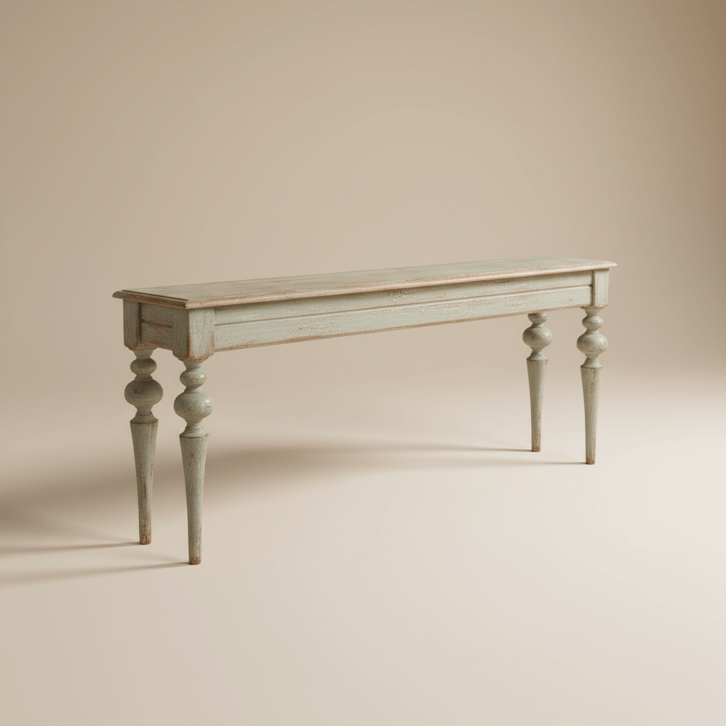 French Country Farmhouse Console Table with rustic elegance and handcrafted grace, inspired by old European design.
