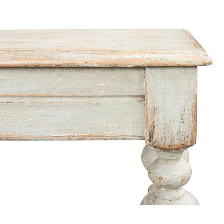 Close-up view of French Country Farmhouse Console Table showcasing rustic wood finish and elegant design.