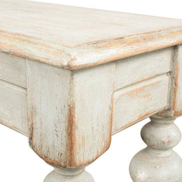 Close-up of French Country Farmhouse Console Table showing rustic wood texture and carved legs
