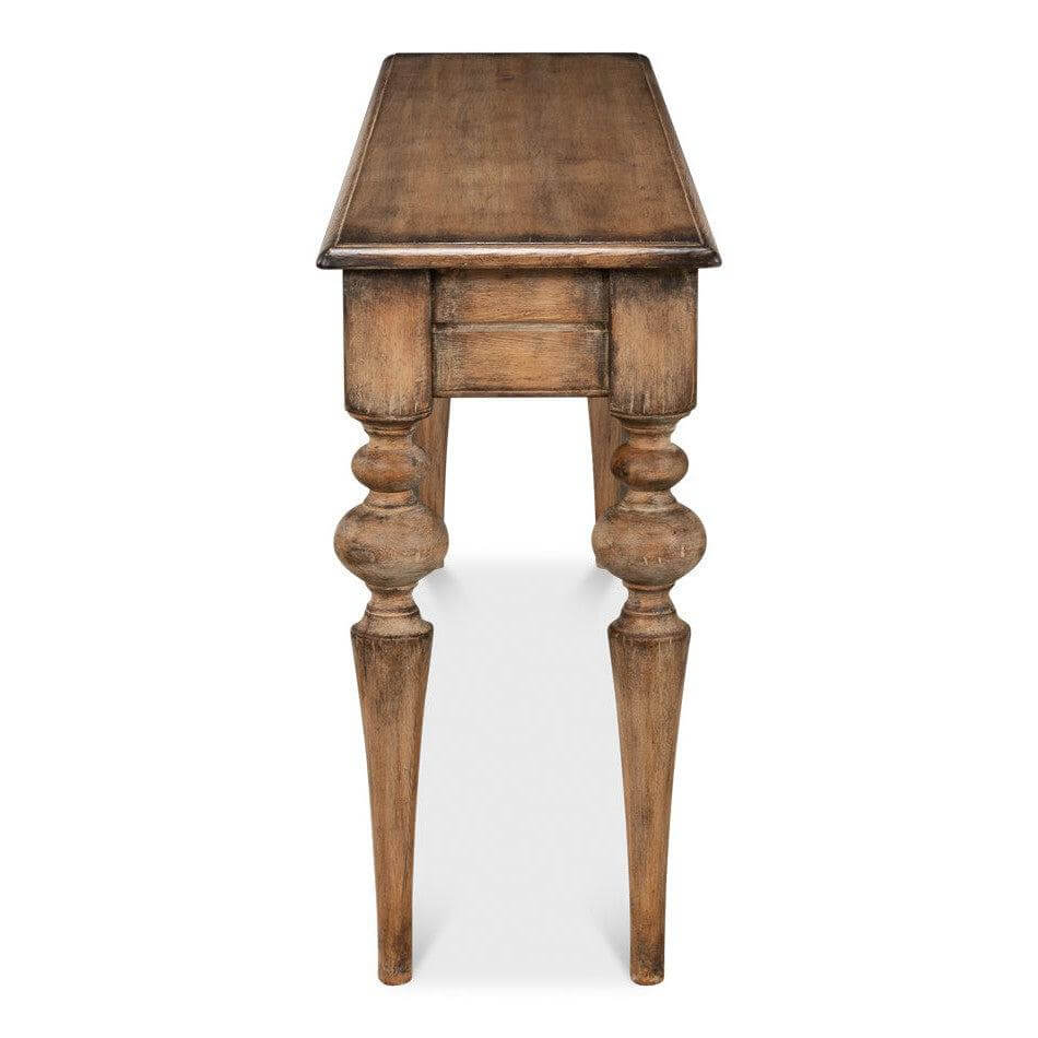 Side view of a French Country Farmhouse Console Table with rustic wood finish and elegant carved legs reflecting vintage charm.
