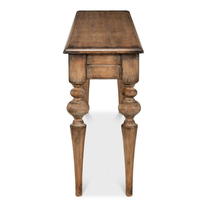 Side view of a French Country Farmhouse Console Table with rustic wood finish and elegant carved legs reflecting vintage charm.