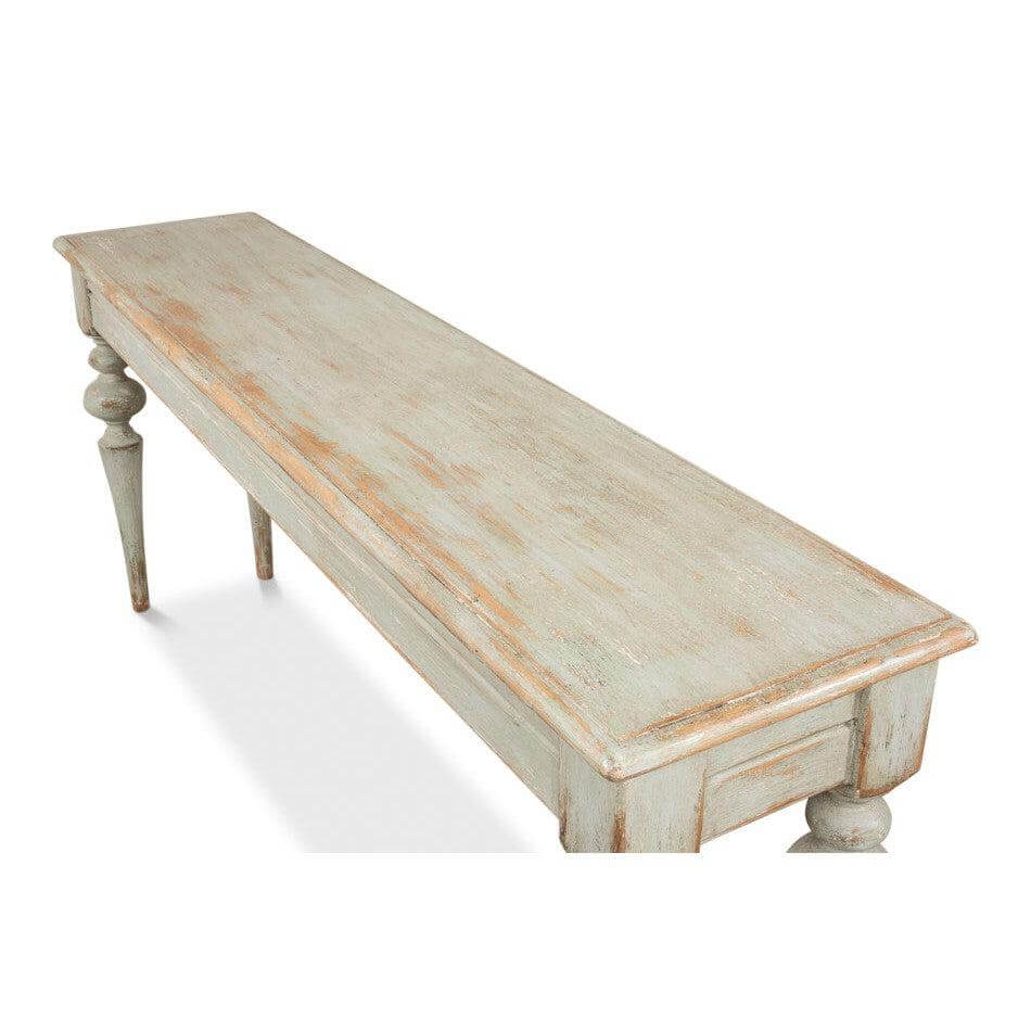 French Country Farmhouse Console Table with rustic elegance and handcrafted design, perfect for a touch of old European manor style.