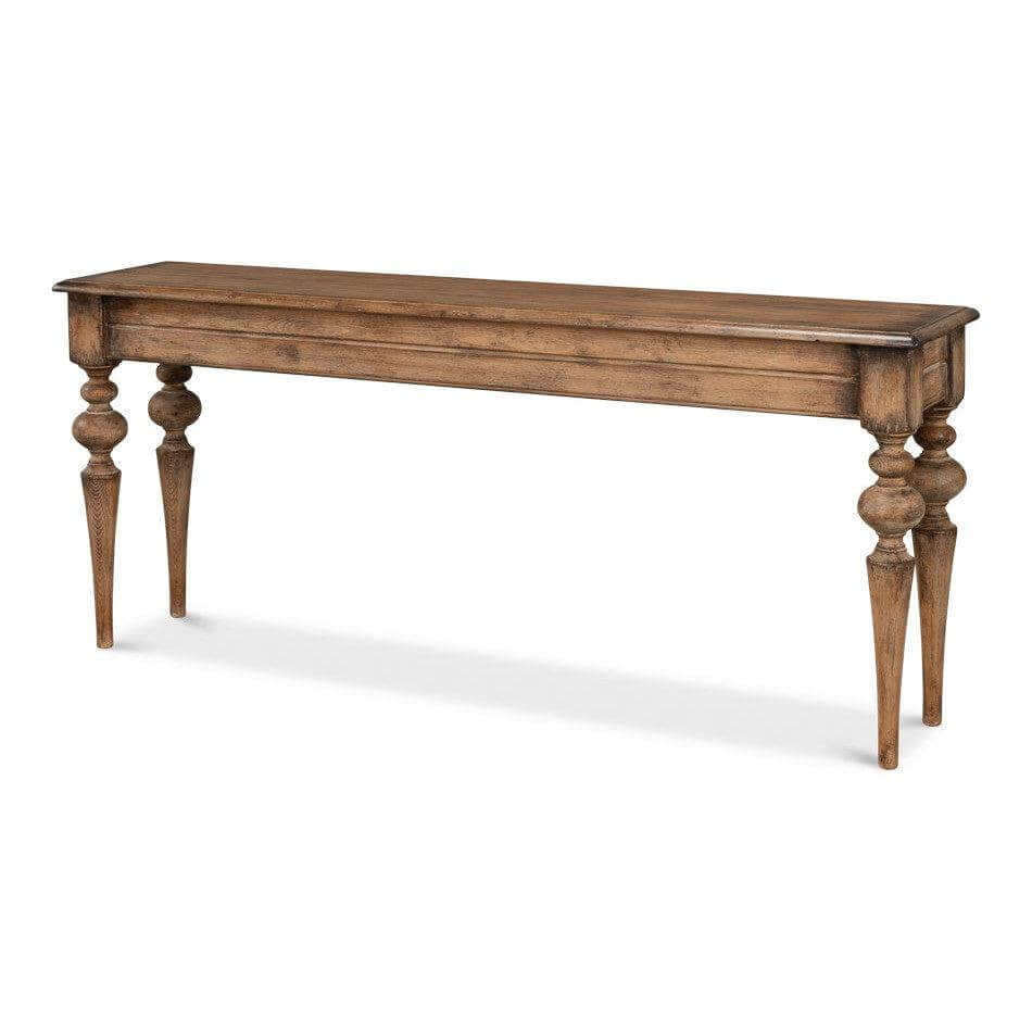 French Country Farmhouse Console Table with rustic wood finish and elegant turned legs