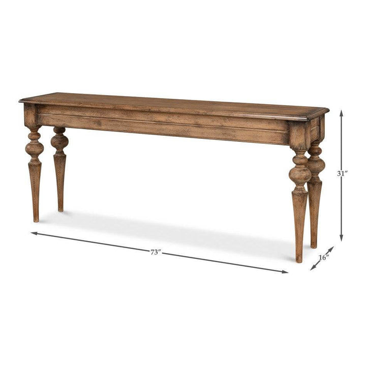 Rustic French Country Farmhouse Console Table with elegant carved legs, dimensions 73x16x31 inches, enhancing any living space.