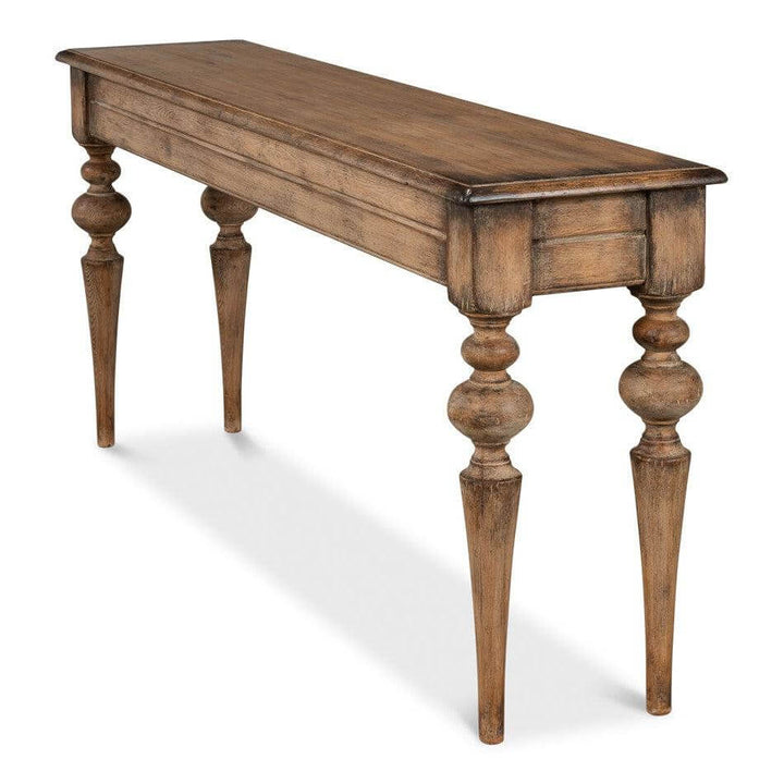 French Country Farmhouse Console Table with rustic wooden design and elegant handcrafted details, showcasing timeless charm and artistry.