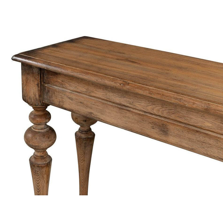 French Country Farmhouse Console Table with rustic wooden design and elegant carved legs, showcasing timeless rural elegance.