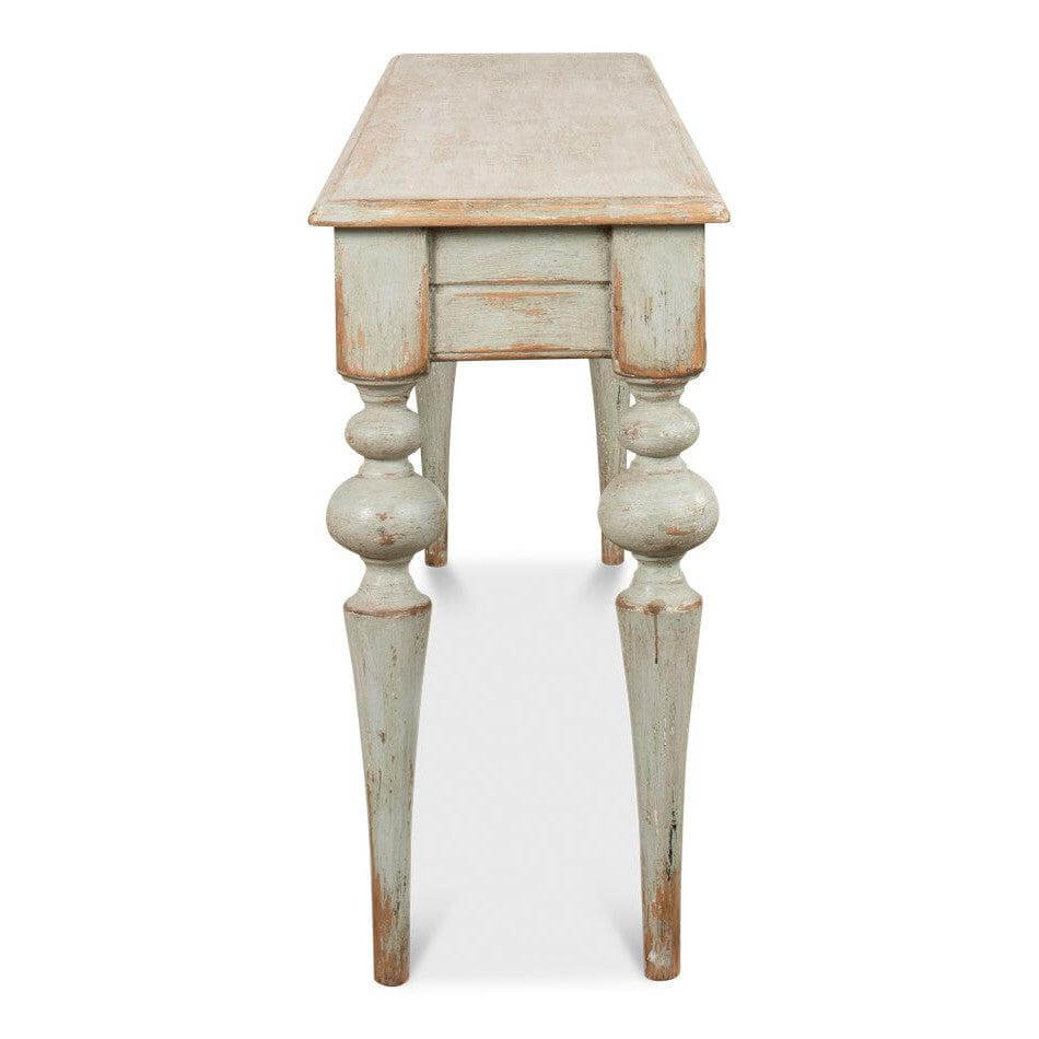French Country Farmhouse Console Table showcasing rustic design and handcrafted elegance.