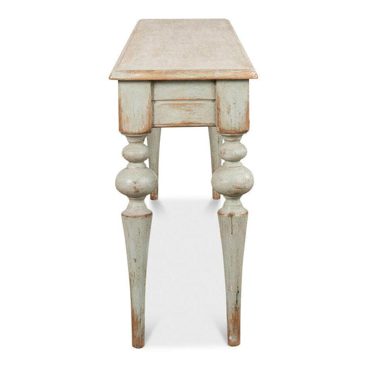 French Country Farmhouse Console Table showcasing rustic design and handcrafted elegance.