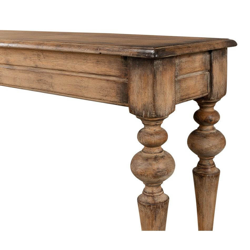 French Country Farmhouse Console Table with rustic wooden legs and timeless design